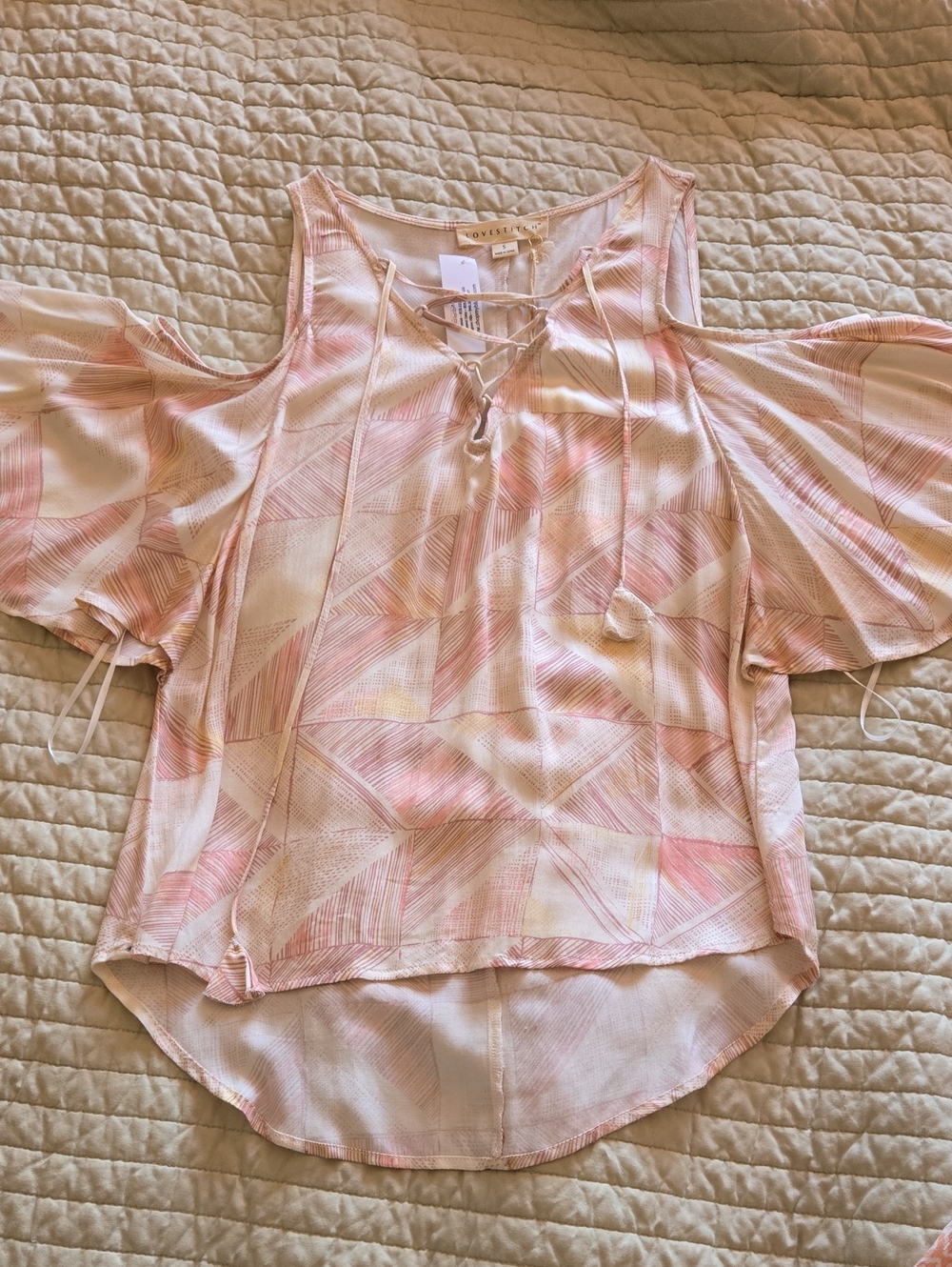 lovestitch Pale Pink Geometric Cold-Shoulder Lace-Up Blouse